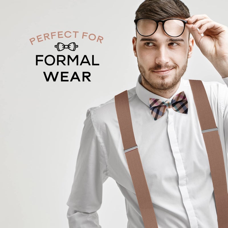 Man of Men Bowtie & Suspender Set - Beige Checkered Bowtie & Beige Suspenders - Boys Suspenders and Bow Tie Set - Image 5